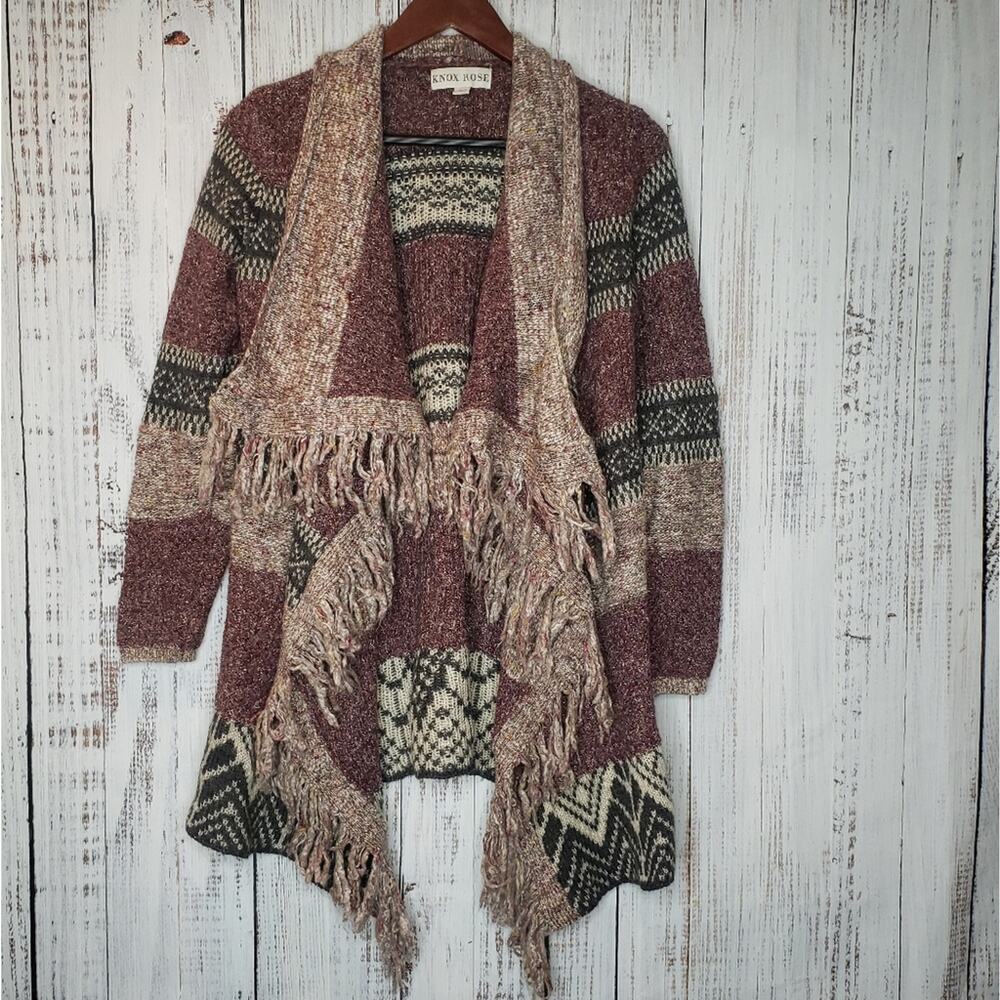 EUC, Knox Rose multi-yarn waterfall hem open front cardigan. Fringed edge. Sz XS